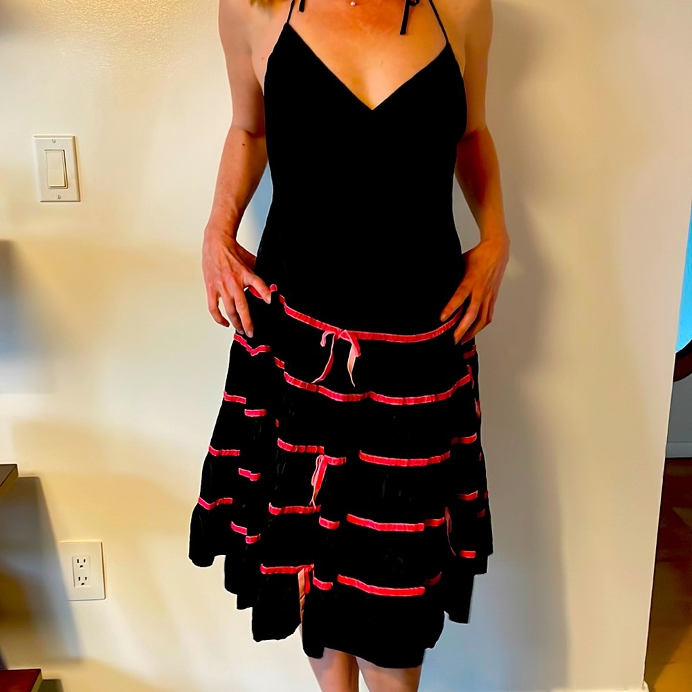 Betsey Johnson halter top dress with pink velvet trim